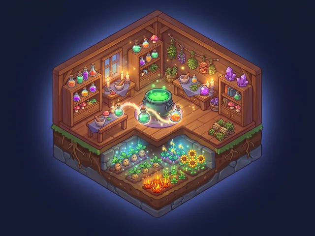 A cutaway alchemist's workshop with a bubbling green cauldron and shelves of potions above an underground greenhouse of glowing plants.