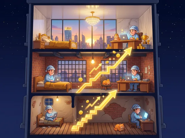 A cutaway of a tower at night with three brokers in bed, trading as gold arrows climb.