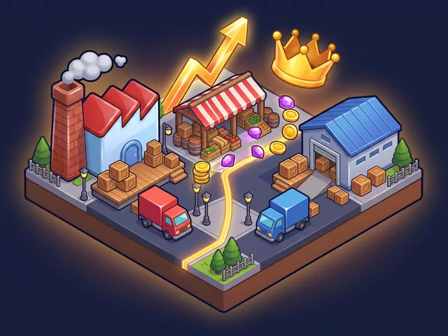 A small trading district with a factory, a market stall and a warehouse, two delivery trucks, gold coins, a rising arrow and a golden crown.