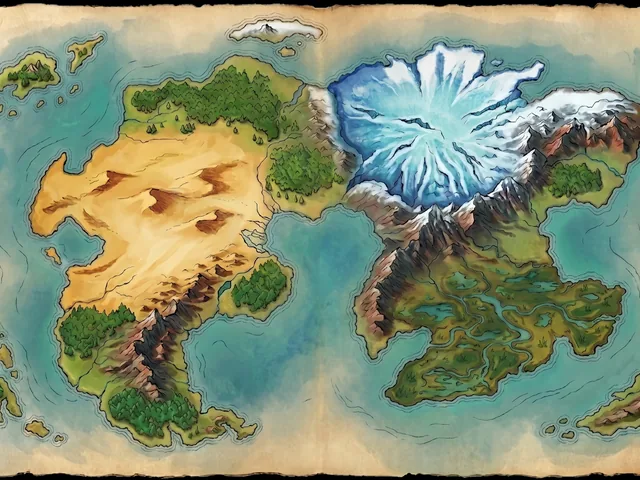 An old parchment map of islands, deserts and a frozen peak.