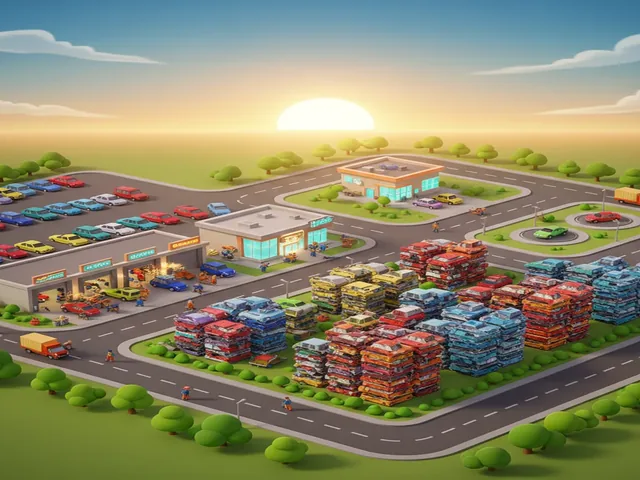 A sunlit salvage yard seen from above, with car stacks, a showroom and a test track.