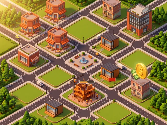 A neighbourhood seen from above, with empty lots, new homes, trees and a gold coin.