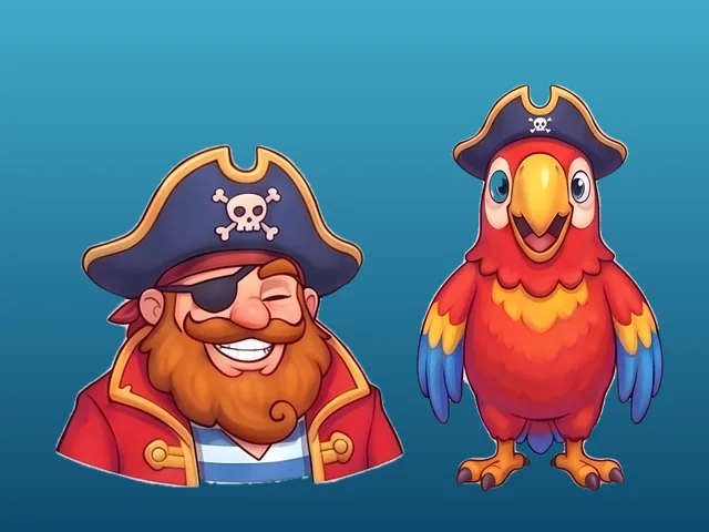 A grinning pirate captain and his parrot.