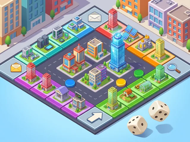 A colourful board game city with towers, a glowing blue skyscraper and two dice.