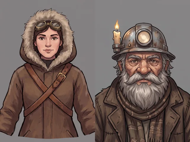 Two travellers in furs: a young explorer and an old miner with a headlamp.