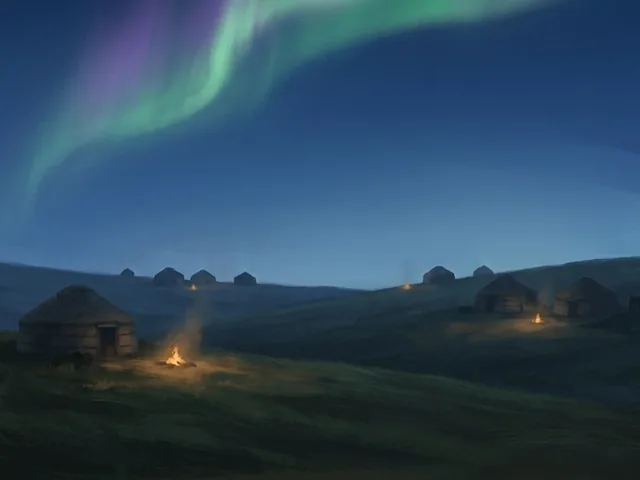 A nomad camp under the northern lights on the night steppe.