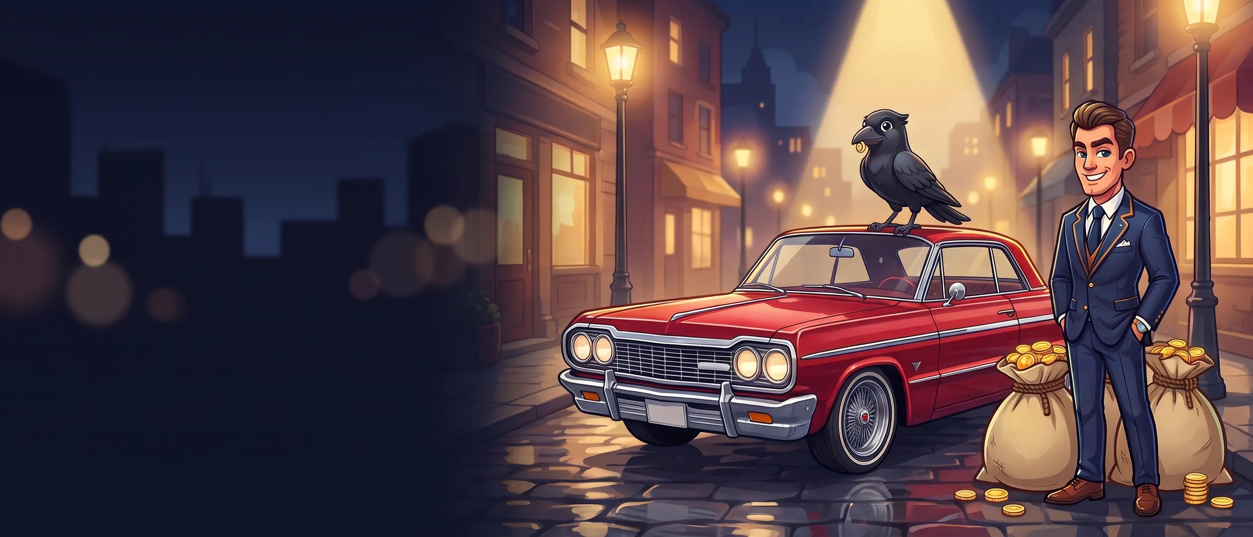 The heroes of Junkyard Tycoon, Crowstastic and Fire Sale Tycoon on a city street at night.